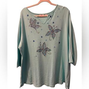 Quacker Factory Blue Sequin Embellished 3/4 Sleeve Top NWOT